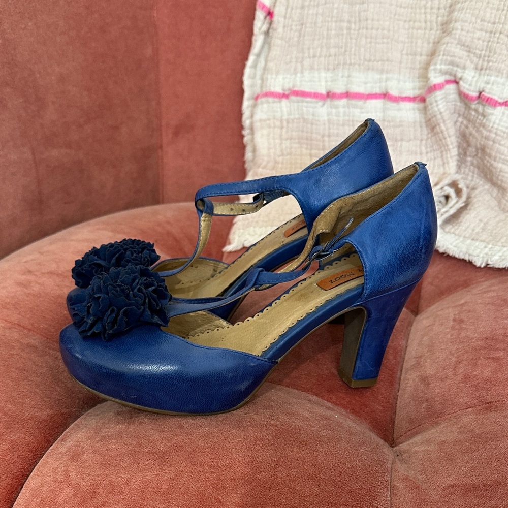 Miz Mooz Blue Leather Women's T-Strap Heels with Floral Accent